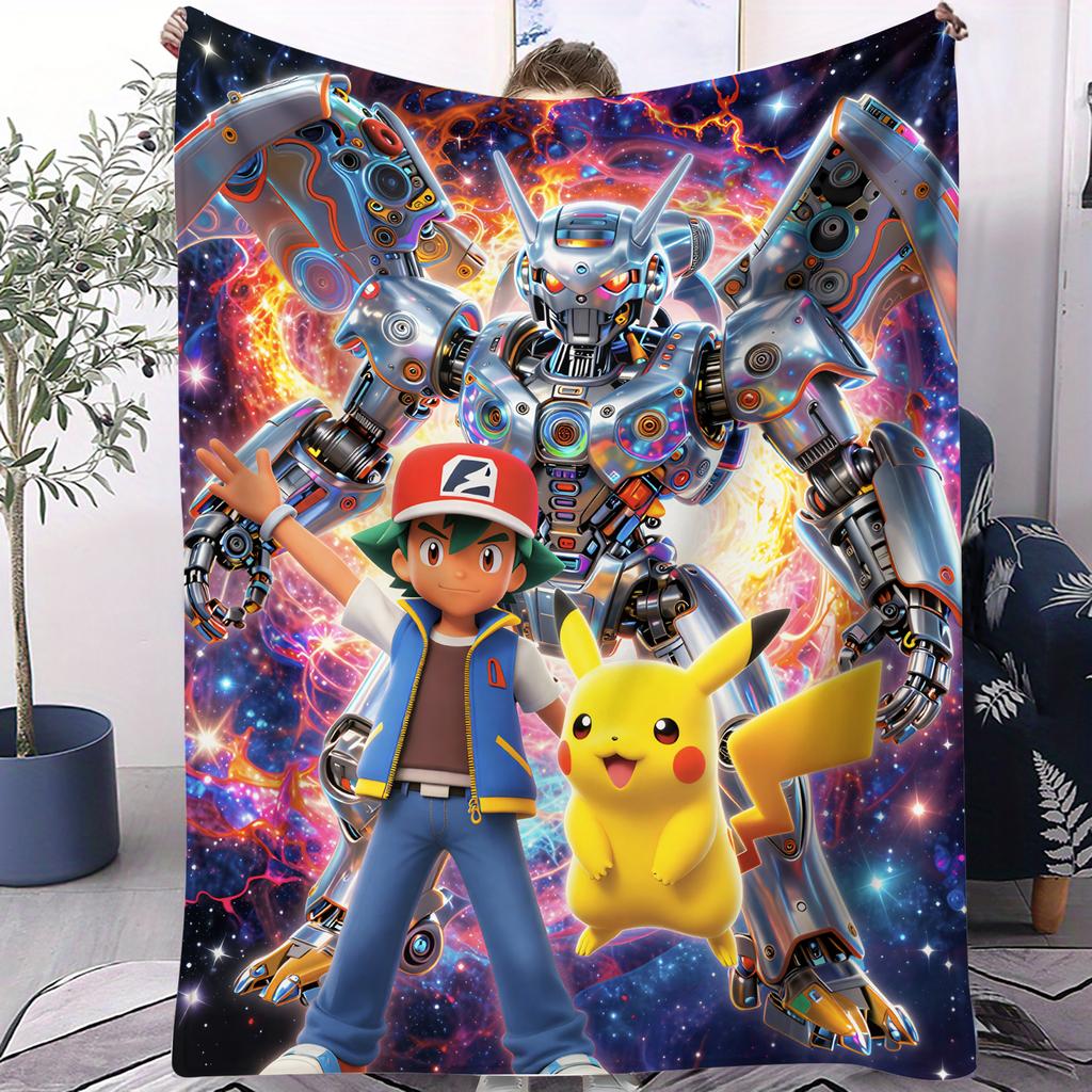 Pokemon Burst Glow PikachuAsh Print Flannel Throw Blanket for Adult Quality Cozy Soft Warm Blanket for Travel Office Home