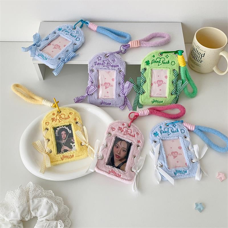 Cute Ballet-Style Ribbon Photocard Holder Plush Card Holder With Lanyard Idol Photo Storage Card Display Protective Pendant Gift