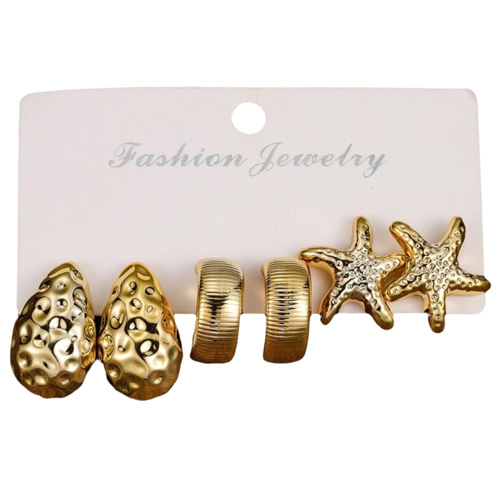Golden Starfish Earrings Textured Seashell Dangle Earrings Simple C-Shape Earrings Set Summer