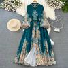Retro Lantern Long Sleeve Stand Collar Elegance Print Dress