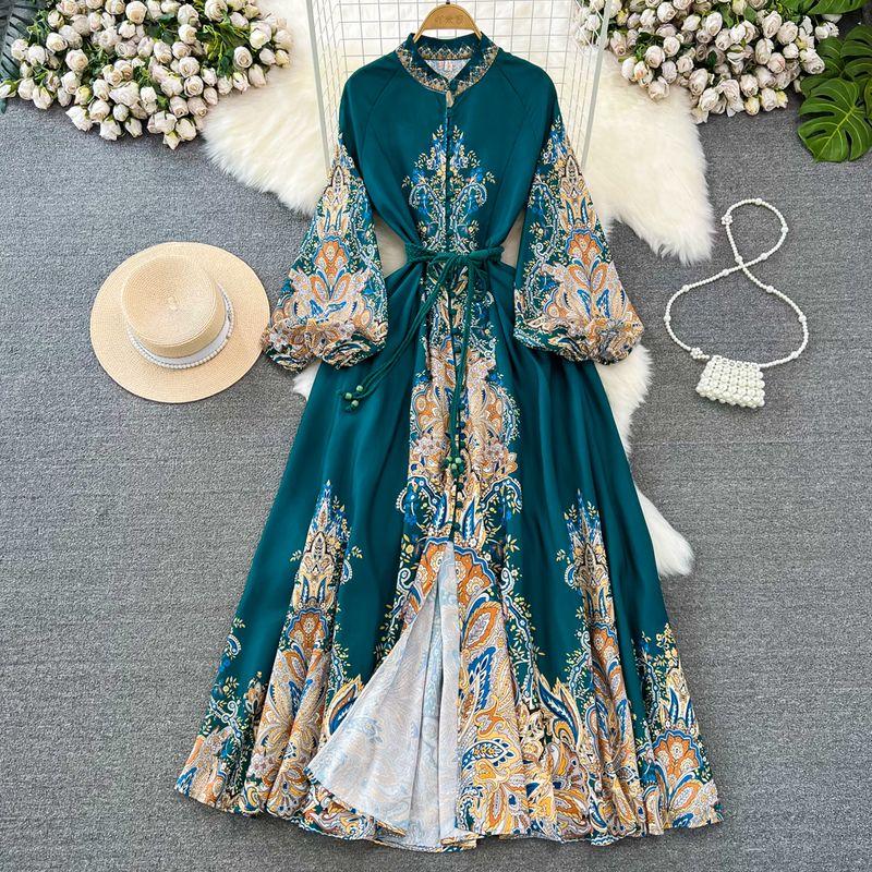 Retro Lantern Long Sleeve Stand Collar Elegance Print Dress