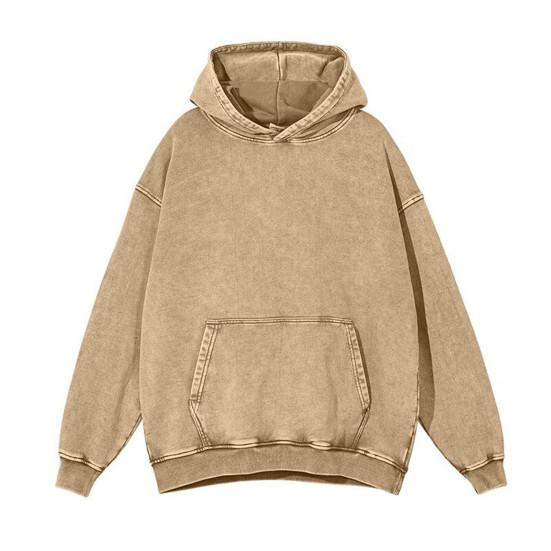 Yousheng осень-весна унисекс толстовка с капюшоном большой карман свободный потертый стираный эластичные манжеты и подол скошенные плечи чистый цвет свободный спортивный топ