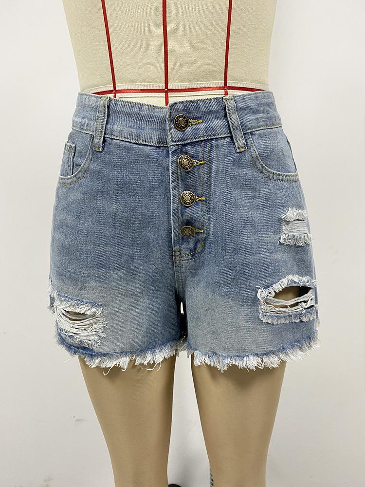 2025 Модные джинсовые шорты средней посадки с пуговицами для женщин с потертостями и рваными краями