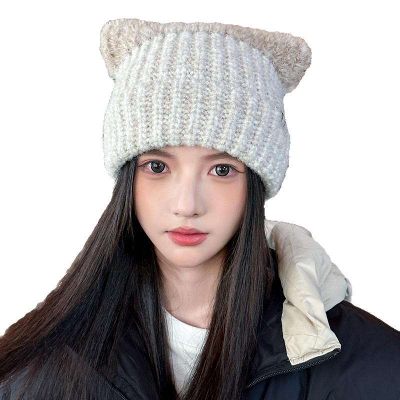 Two-tone cute cat ear knitted hat for women, autumn and winter, cold-proof, ear-protecting, face-slimming pullover beanie