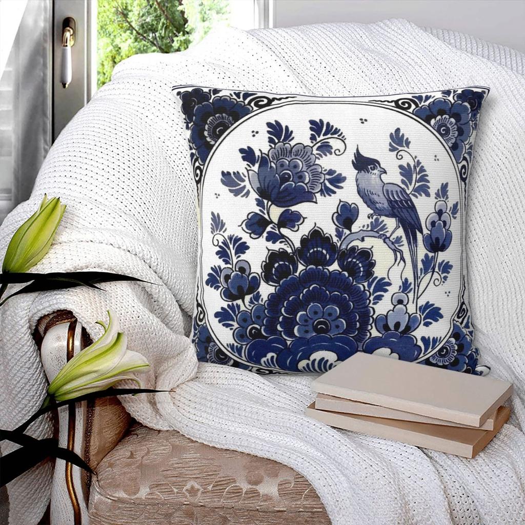 DUTCH BLUE DELFT Vintage Blue Bird And Flowers Print Square Pillowcase Pillow Cover Cushion Throw Pillow for Home Bedroom
