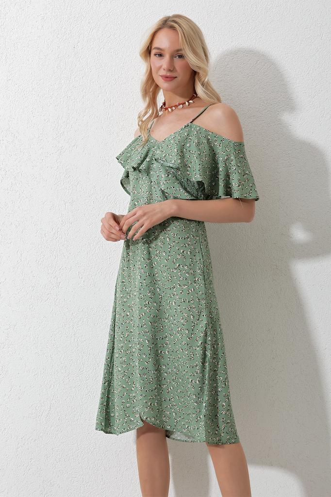 Женское платье, новый сезон, модное тканое платье цвета хаки с веревочным ремнем и оборками спереди