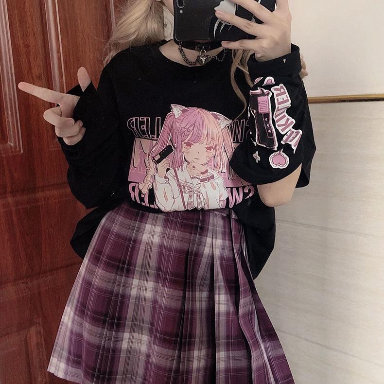 Японская аниме-футболка с графическим принтом, женская летняя готическая футболка Mujer с раздельными рукавами, одежда для девочек Y2k, эстетические футболки Harajuku Kawaii