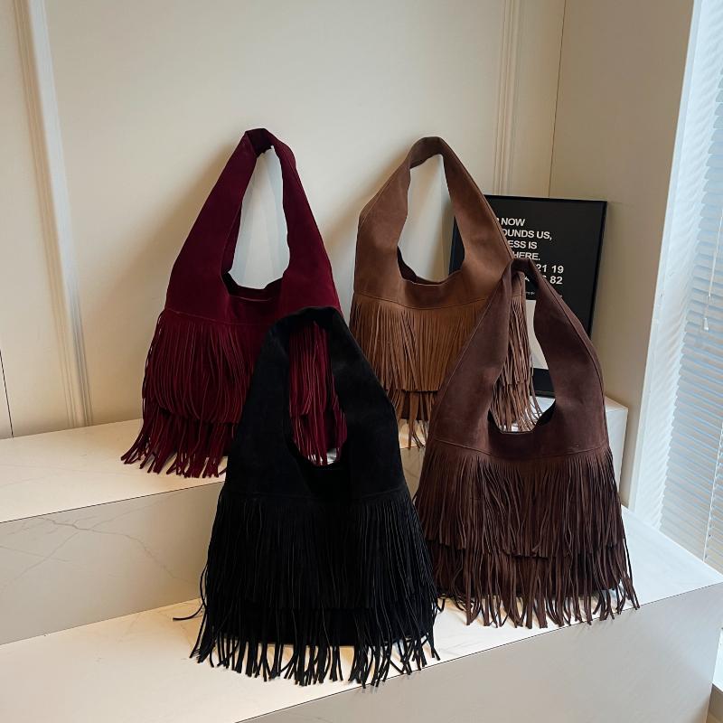 Ретро матовая сумка с кисточками для женщин, вместительная, мягкая ткань, строчка, хороший внешний вид, сумка на одно плечо, индивидуальность, новинка