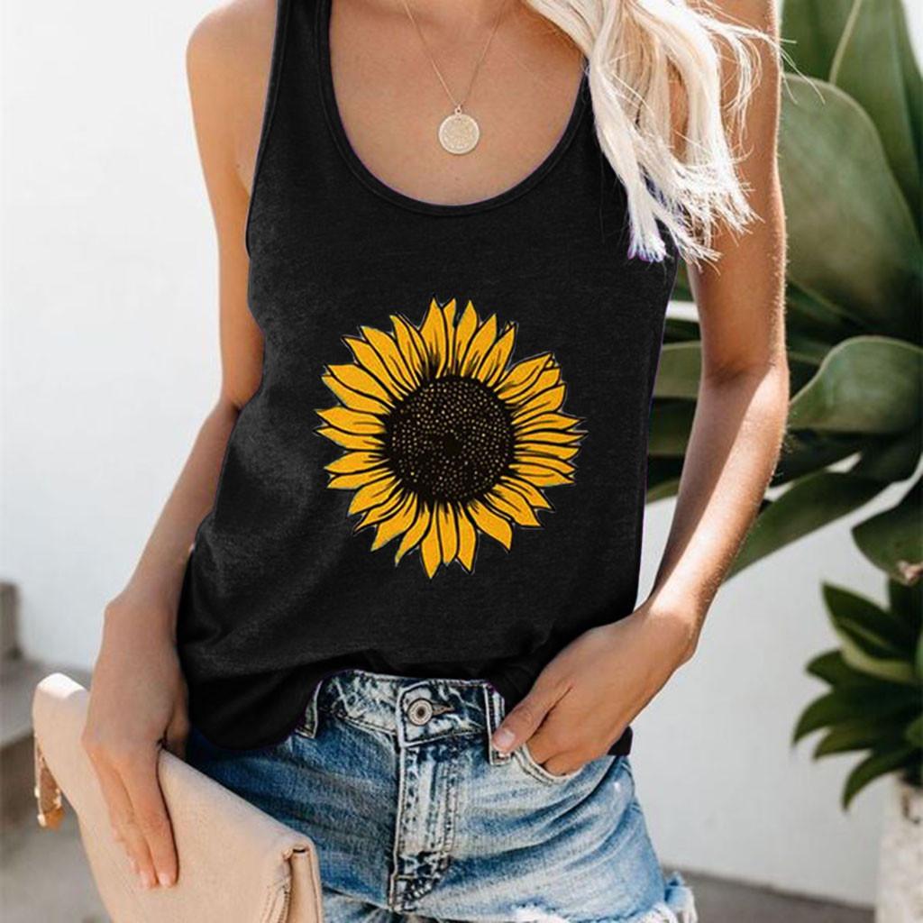 Women Plus Size Summer Sunflower Print Round Neck Sleeveless T-shirt Top Tank