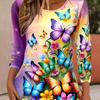 Plus Size Butterflies Print T-shirt - Women's Casual Long Sleeve Crew Neck Top for Spring and Fall