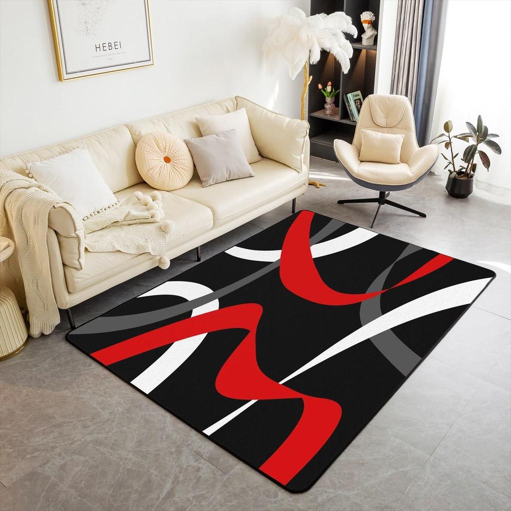 Erosebridal Grey Red Black Carpet Dark Gray White Striped Abstract Indoor Floor Mat 4'11" x 3'3" for Boys Teen Men Geometric Stripes Area Ru