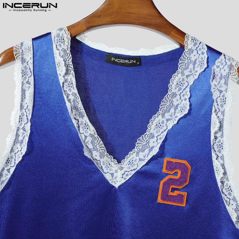 INCERUN Men V Neck Sleeveless Lace Hem Letter Casual Tank Tops Undershirts