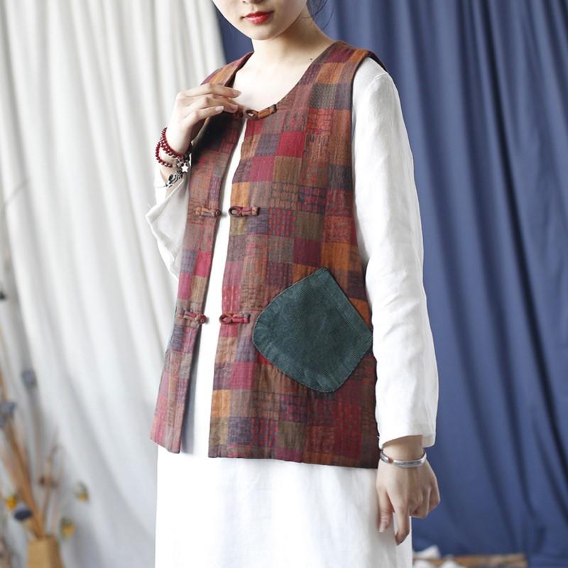 Johnature Women Vintage Plaid Vests O-Neck Button Autumn Patchwork Pockets Women Chinese Style Vests