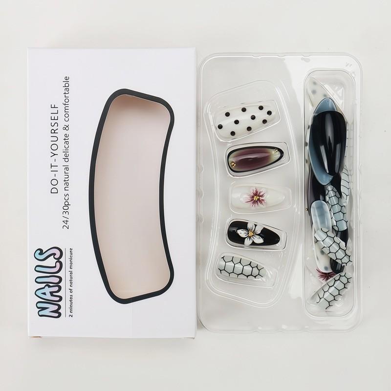 24Pcs Press On Nails Almond French 3D Carved Brown Gradient Snake Polka Dot Fake Women