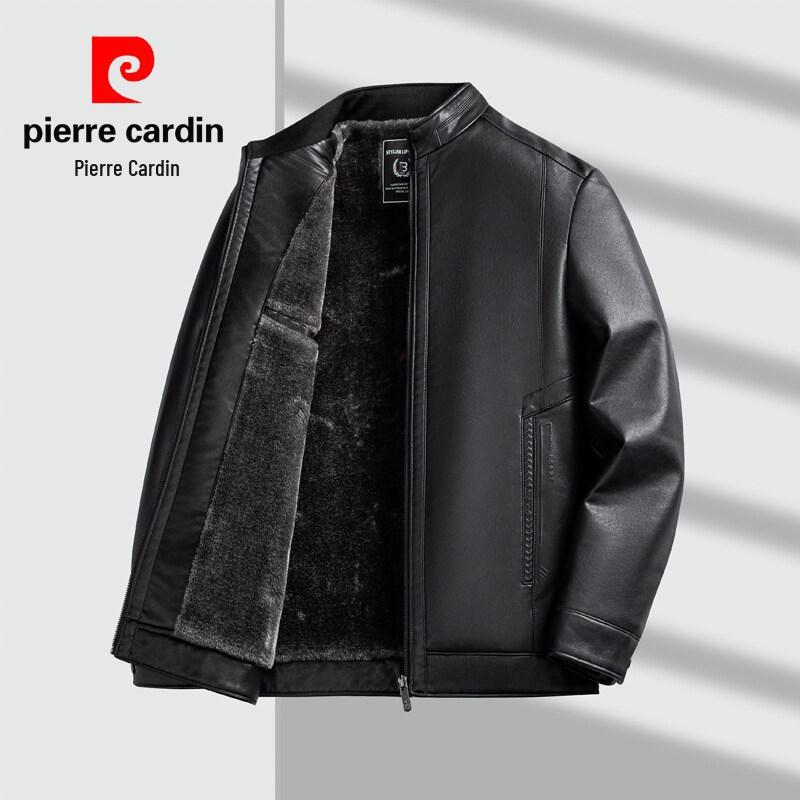 Мужская кожаная куртка Pierre Cardin 2025 с воротником-стойкой - Повседневная, Универсальная, Теплая, С подкладкой из бархата для мужчин среднего возраста
