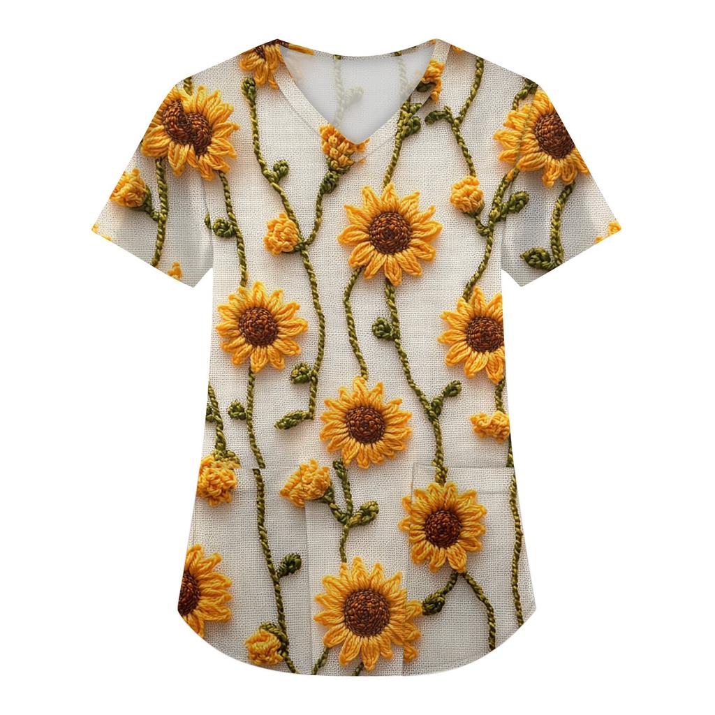 Женская мода с коротким рукавом и V-образным вырезом с карманами и цветочным принтом Топы Одежда