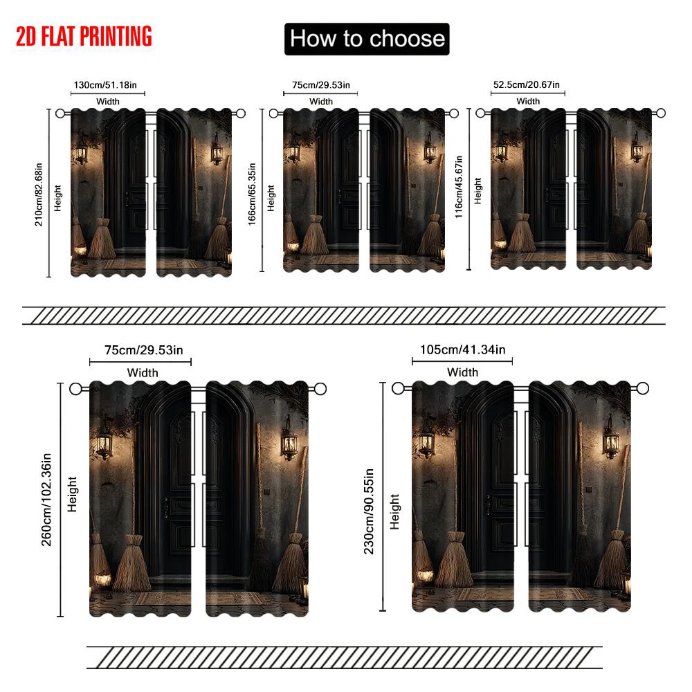 2pcs,2D plane printing Curtains&Window Treatment Spooky Haunted House Design Versatile Durable Polyester (without rod) Gifts for
