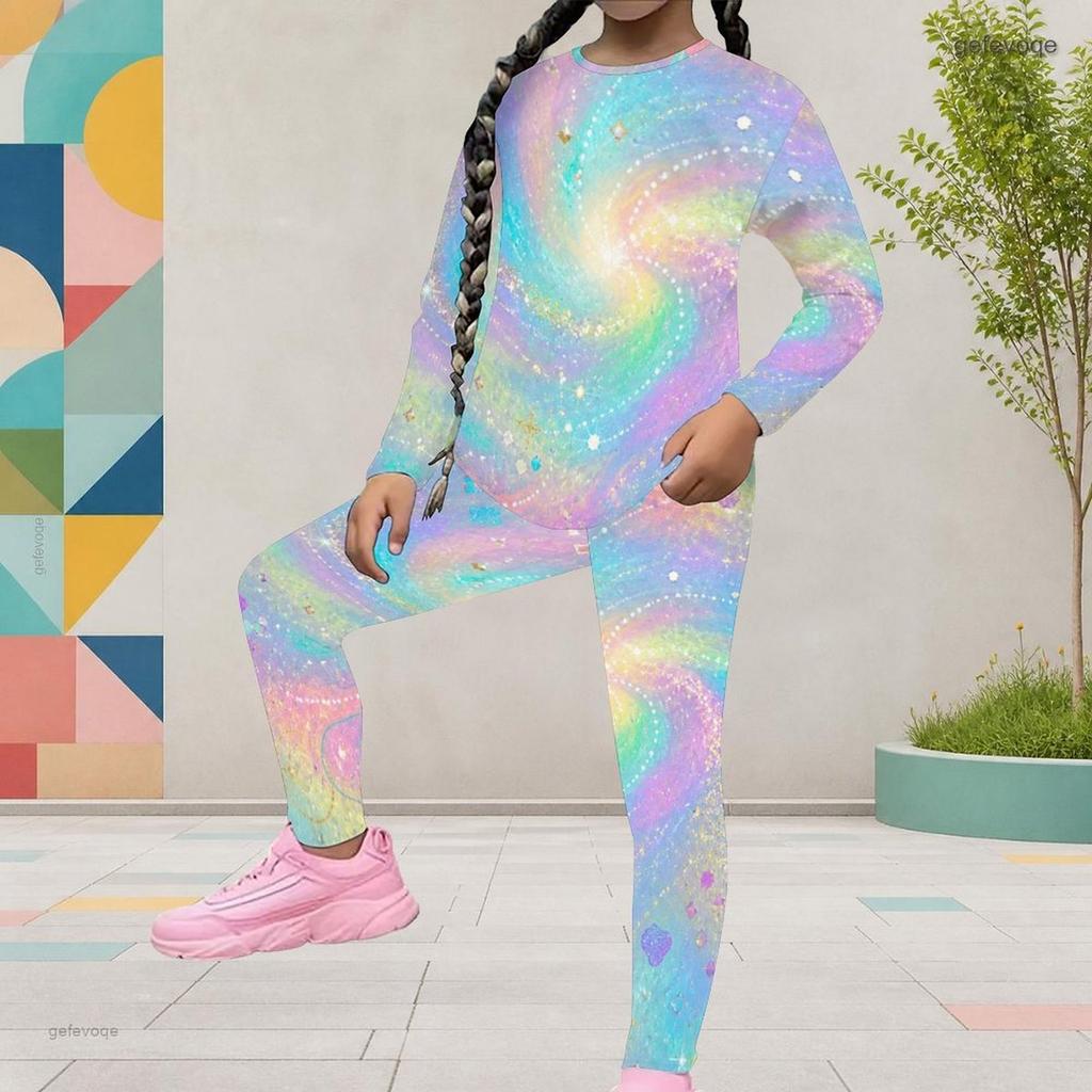 Girls Grey Printed Round Neck Long Sleeve Top And Fitted Pants Two Piece Set