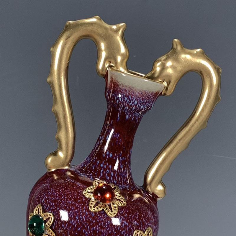 Антикварная коллекция фарфора Цзюнь династии Сун, позолоченная драгоценным камнем керамическая ваза с двумя драконами, украшение для дома, гостиной