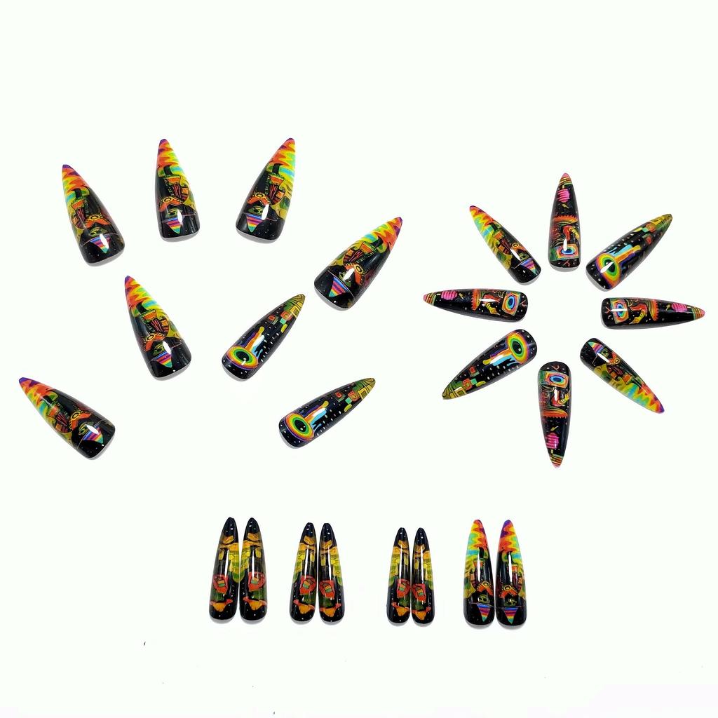 Long Pointed Manicure Fake Nail Art Graffiti Rainbow Circle Skull Wizard Hat Wearing Nail