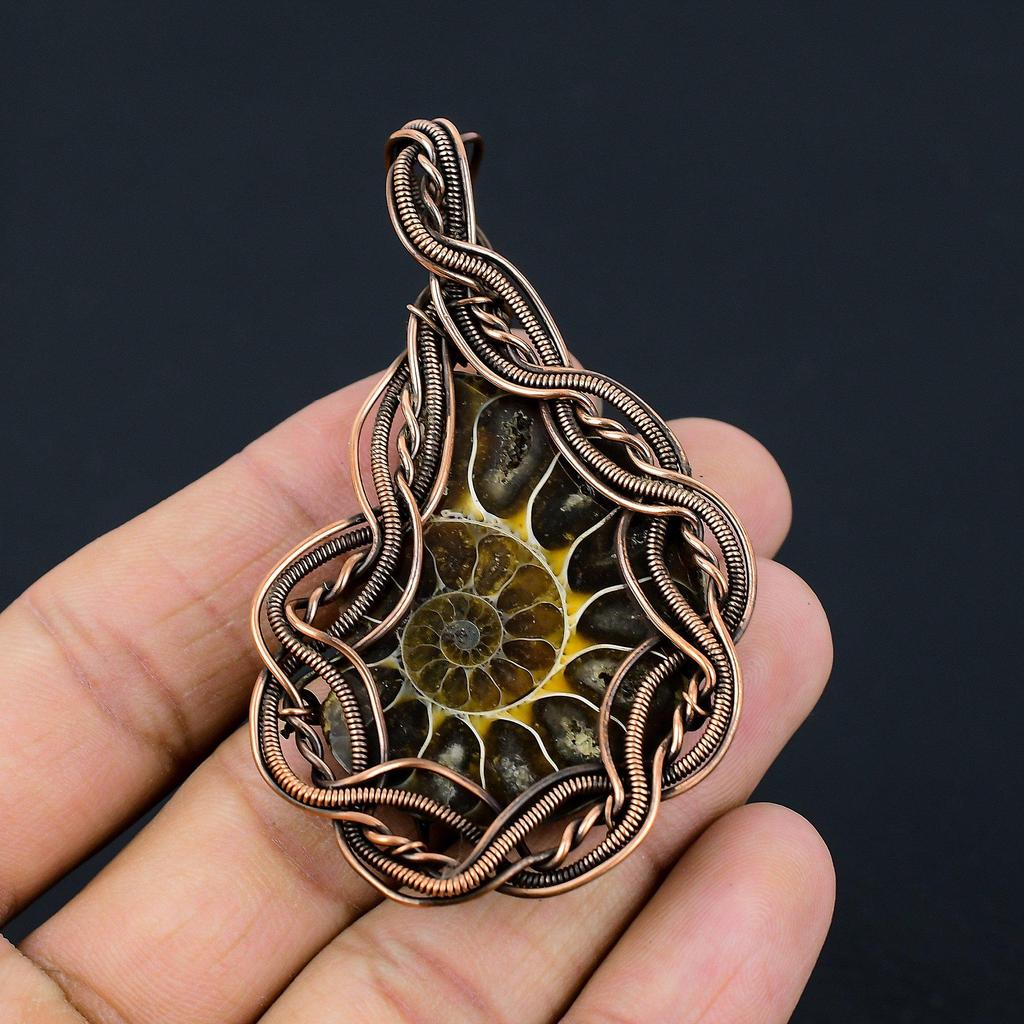 Аммонит ископаемый драгоценный камень медная проволока обертка ручной работы кулон ювелирный подарок для женщины