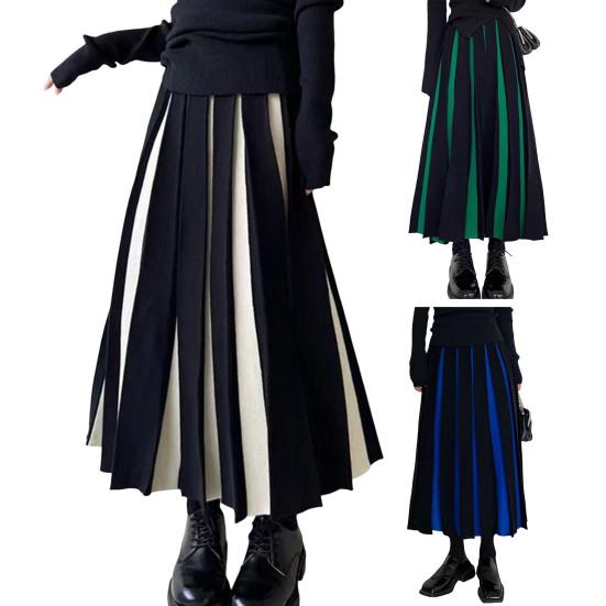 Женская миди-юбка с высокой талией, лоскутная цветная плиссированная юбка, осенняя вязаная юбка, универсальная, удобная для повседневной носки