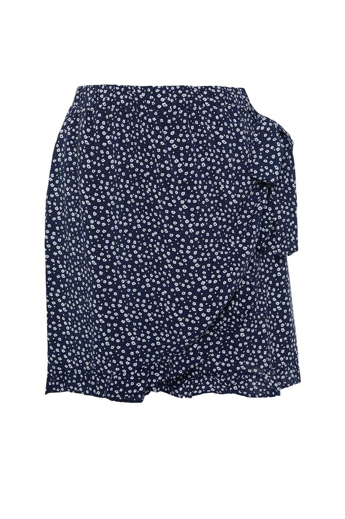Women's Style Plus Size Navy Blue Floral Patterned Woven Tied Shorts Skirt