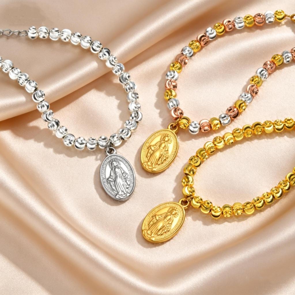 Vintage Virgin Mary Tricolor Bead Chain Bracelet for Women, Stainless Steel Holy Rosary Bracelet, Fashion Religion Jewelry Gifts