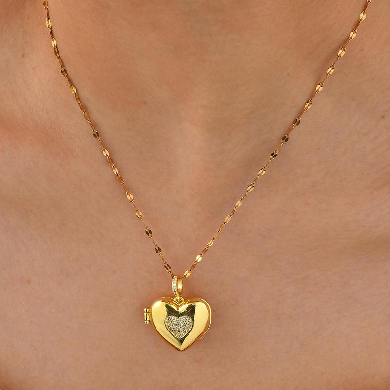 Gold-Tone Women's Copper Heart Locket Necklace with Stainless Steel Chain