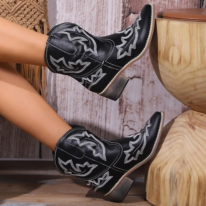 Женские ковбойские сапоги с острым носком, очень массивные каблуки, вышитые ковбойские сапоги, женские ботинки с V-образным вырезом и широкими щиколотками