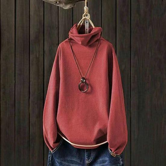 Осень-зима Женские футболки с воротником-стойкой, однотонные, мягкие, удобные, с длинным рукавом, пуловеры