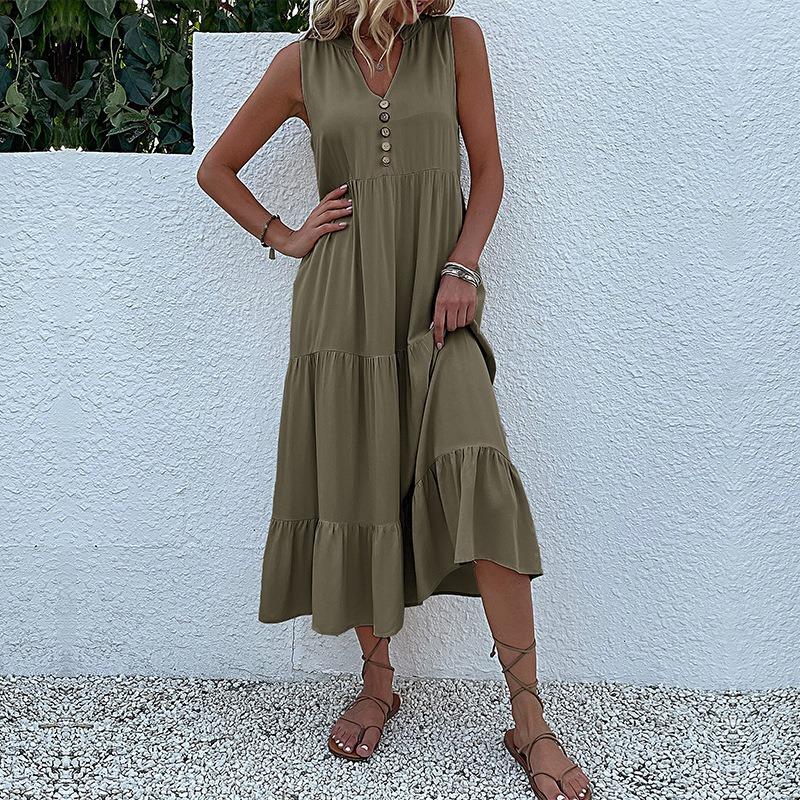 Sleeveless V Neck Casual Summer Women Dress Fashion Loose Elegant Office Ladies Dresses Layered Ruffled Solid A-line Female Dress 922
