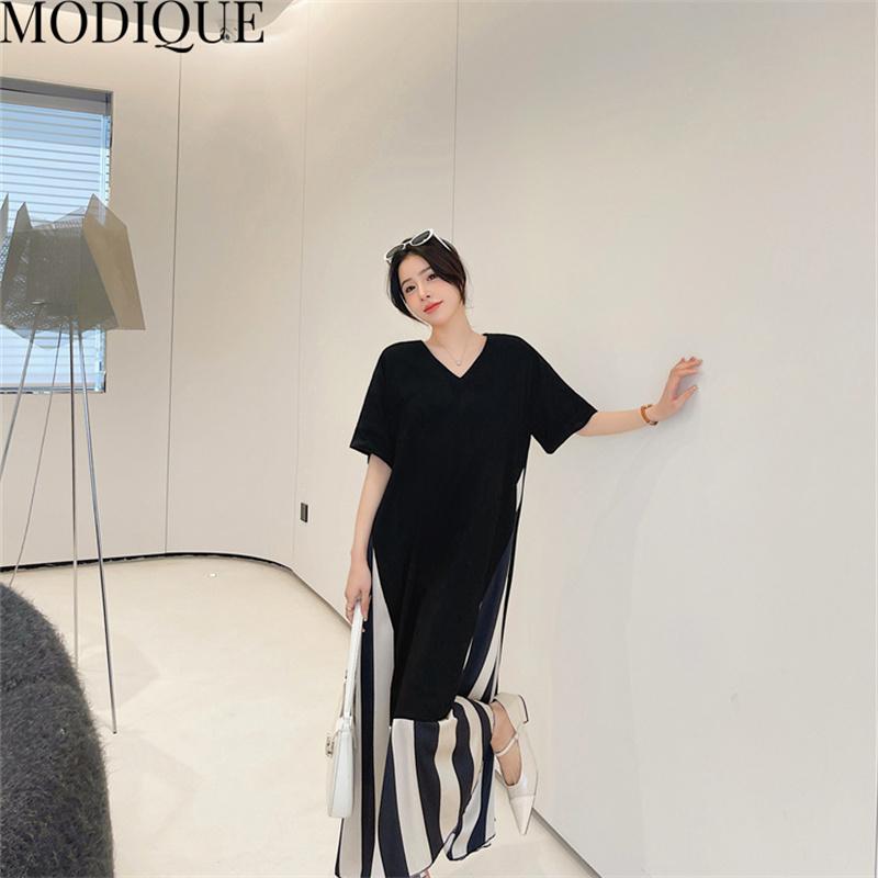 MODIQUE Summer Plus Size New Women Loose Patchwork A-Line Stripe Mock Two-Piece Long Dresses Elegant Lady Casual Cotton V-Neck Short Sleeve Skirt