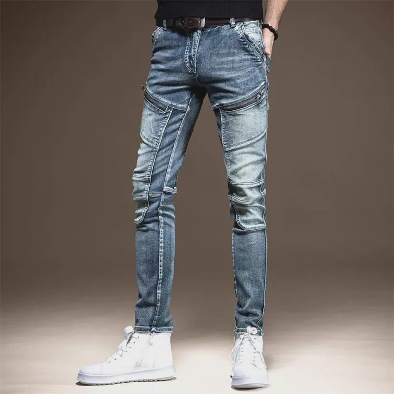 Men's Trendy Retro Slim Fit Korean Style Distressed Zipper Stitching Jeans for Autumn and Winter