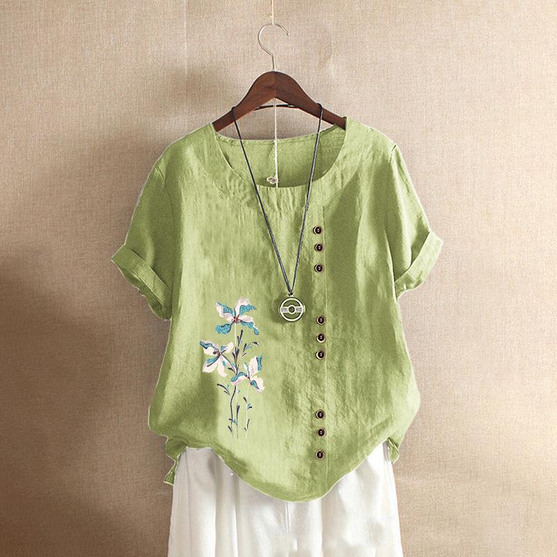 Ретро большие размеры повседневная свободная хлопковая льняная футболка с короткими рукавами женская одежда из хлопка и льна женская одежда больших размеров