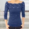 Женские топы с косым воротником и длинными рукавами, кружевная рубашка с ажурным кружевом, сплошной цвет