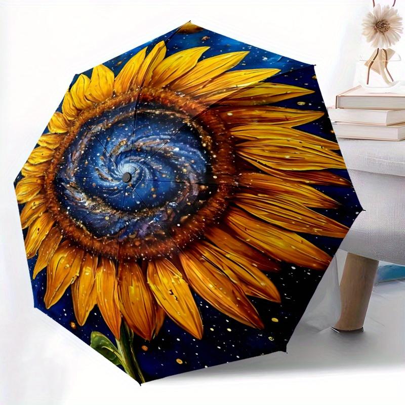 1pc Galaxy Sunflower Auto Open/Close Umbrella - Compact Travel Umbrella, 8-Rib Heavy-Duty Construction, Ideal Gift, 28008