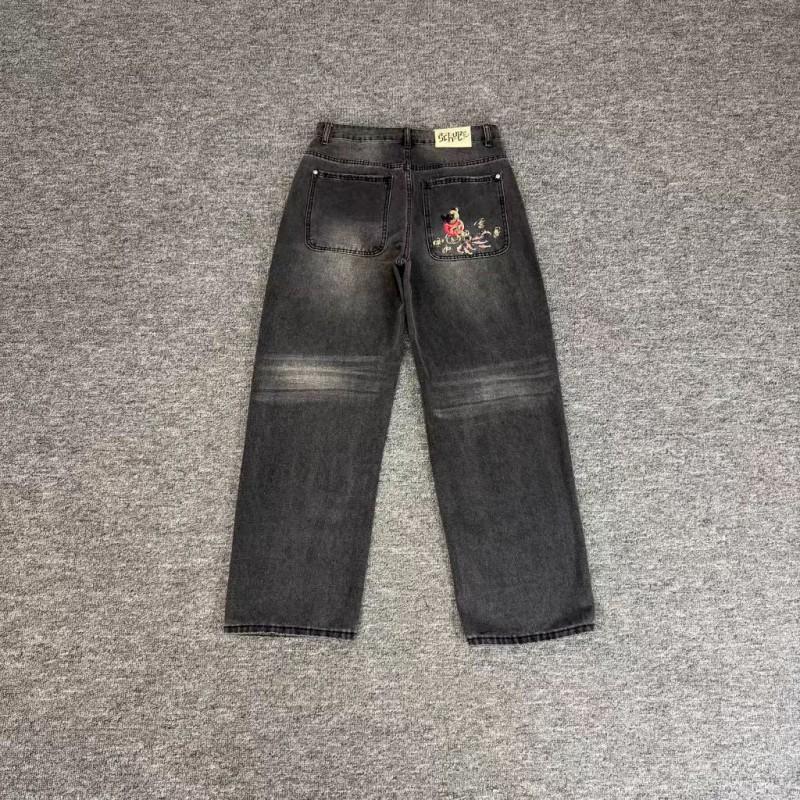 Mens Loose Straight Fit Denim Pants With Floral Embroidery Casual Streetwear Jeans