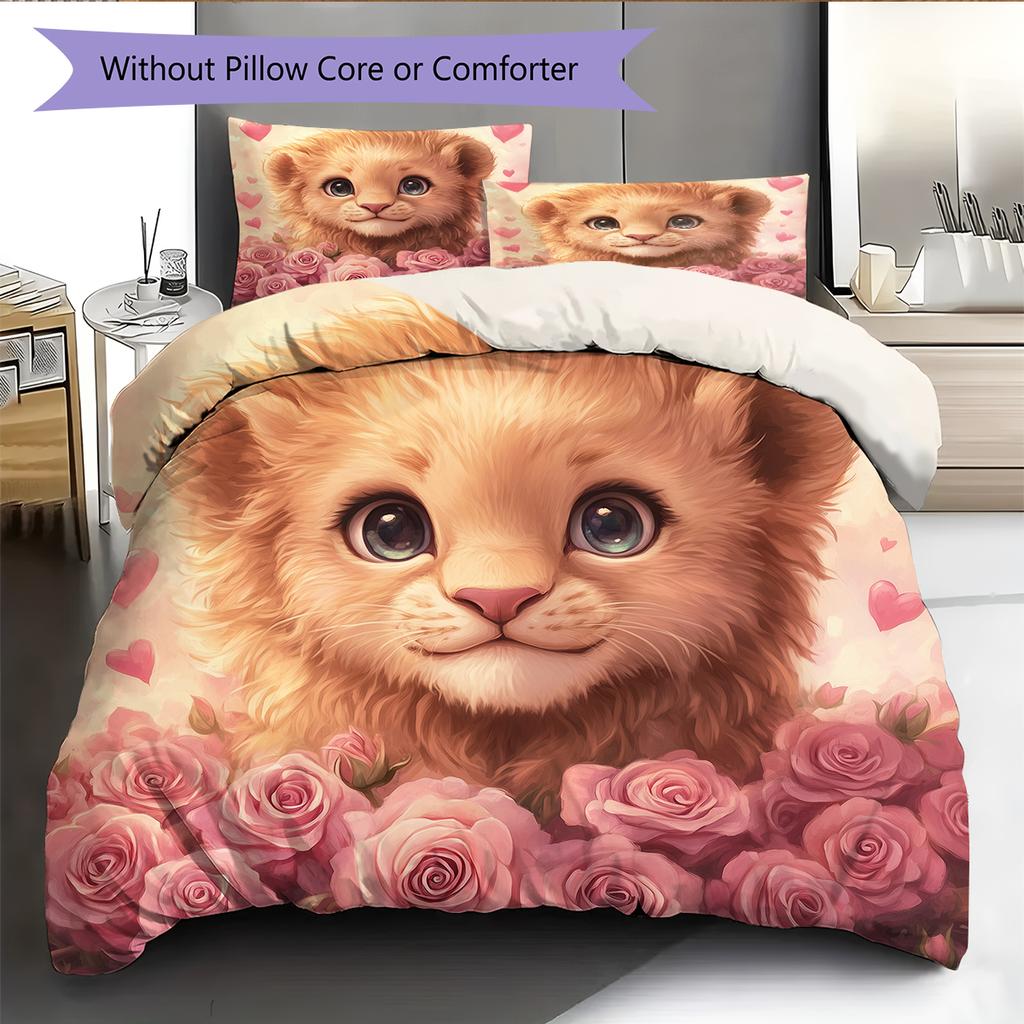 Lion and Rose Pattern Bedding Home Decoration Birthday Gift (1 * duvet cover + 2 * pillowcase, without core)