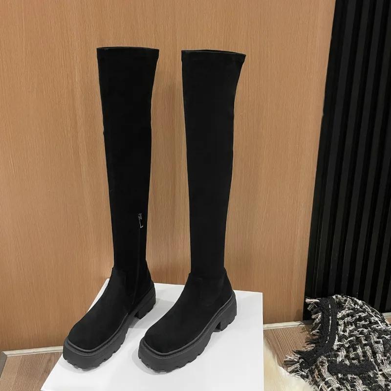 Новая мода, хит продаж, круглый носок, толстая подошва, зимняя теплая уличная модная модель в сапогах выше колена на толстой подошве