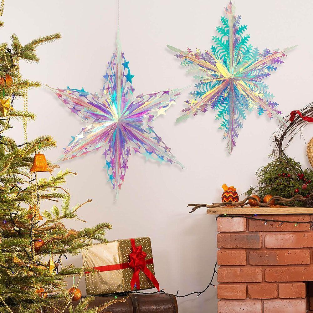 2PCS Large Foil Ceiling Garlands Decorative Honeycomb Snowflake Iridescent Snowflake  Party