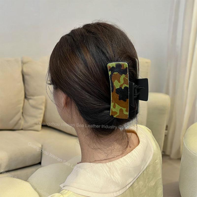 Horsehair Leather American Cow Boy Style Hair Claws Fashion Leopard Pattern Retro Rectangle Hair Clips
