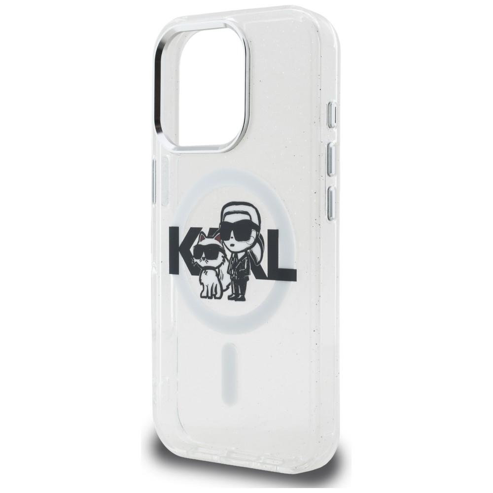 Karl Lagerfeld IML Glitter Karl & Choupette Sketch Logo MagSafe case for iPhone 16 Pro transparent