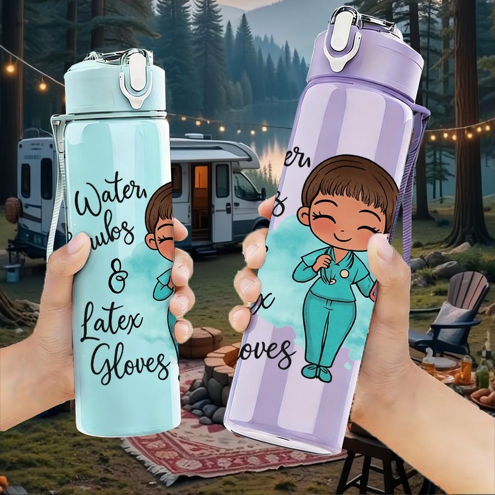 1PC Nurse Latin Quote Cartoon 750ml Color Plastic Sports Water Bottle Leakproof Flip Straw Lid Suitable for Sports Office Home Use