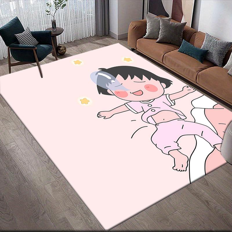 Chibi Maruko‑chan Flannel Pattern Square Carpet,Area Rug,Carpet Rug for Living Room Bedroom Sofa Playroom Decor,Non-slip Floor Mat