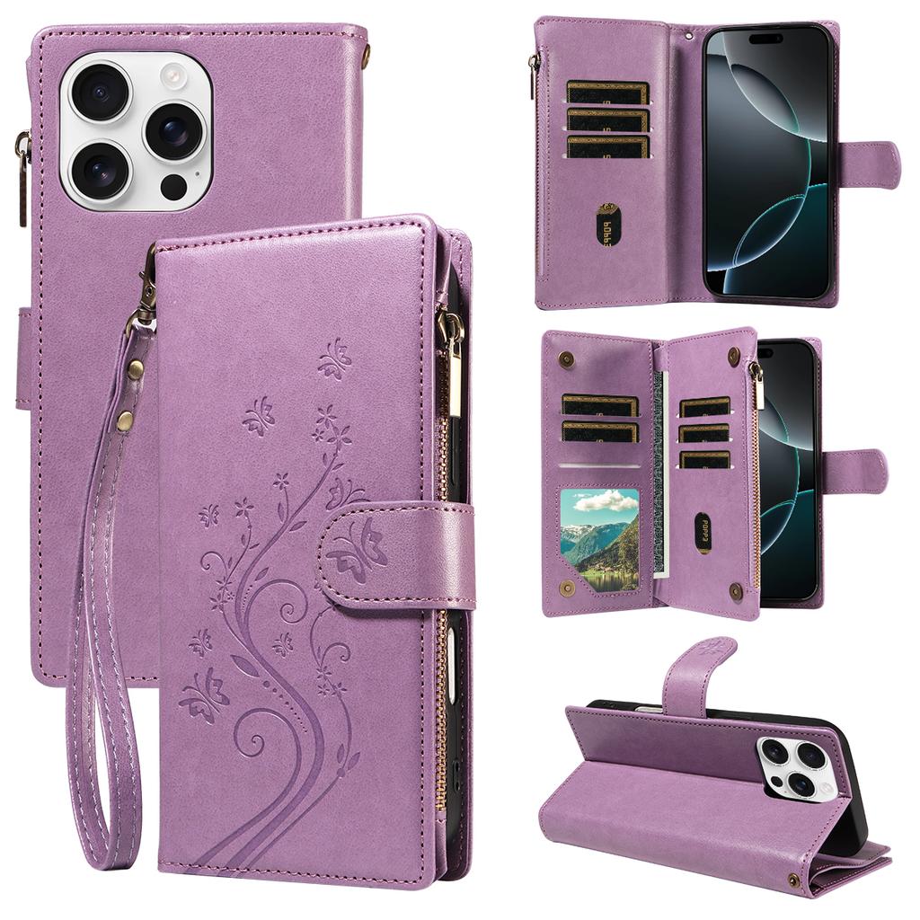 Многофункциональный чехол из искусственной кожи с тиснением и застежкой-молнией для iPhone 16e 16 15 14 13 12 11 с функциями флип, слот для карт, кошелек, держатель