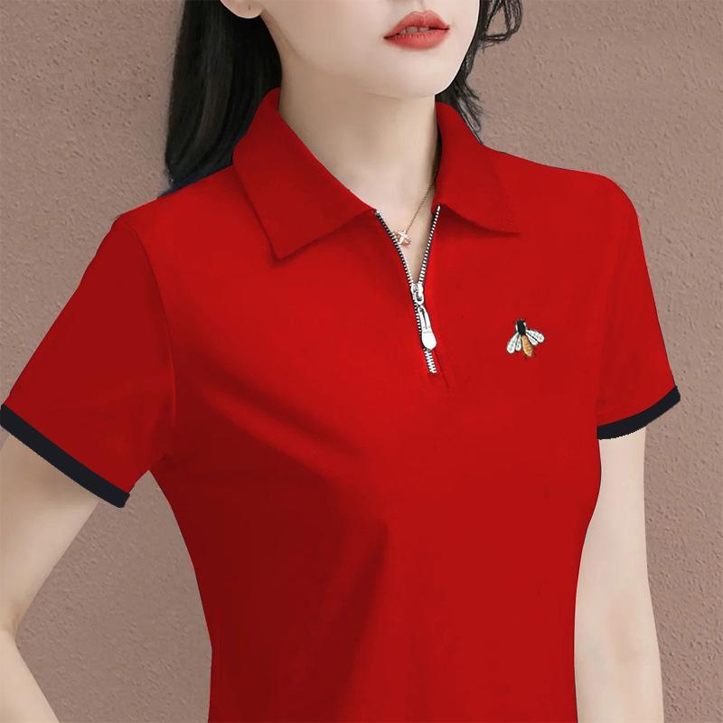 Polo Shirt Zipper Short-sleeved T-shirt Women's New Summer Lapel Casual Middle-aged Mother's Top