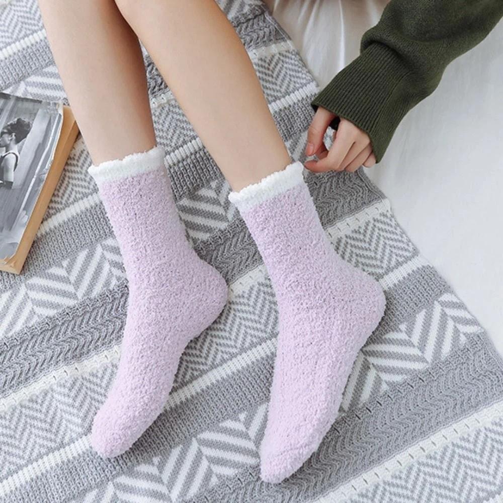6Pairs Warm Coral Fleece Socks Plush Sleeping Socks Women Fashion Solid Fleece Socks Girls
