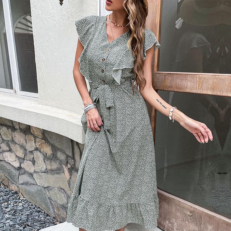 YYFS Женские винтажные летние весенние повседневные платья с цветочным принтом и коротким рукавом с v-образным вырезом и высокой талией