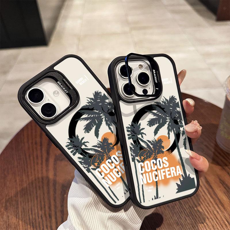 Закат Кокосовая пальма Акриловый жесткий чехол Для iPhone16pro 15ProMax 11 12 13pro 14Plus Многофункциональный держатель для телефона с линзой чехол для телефона
